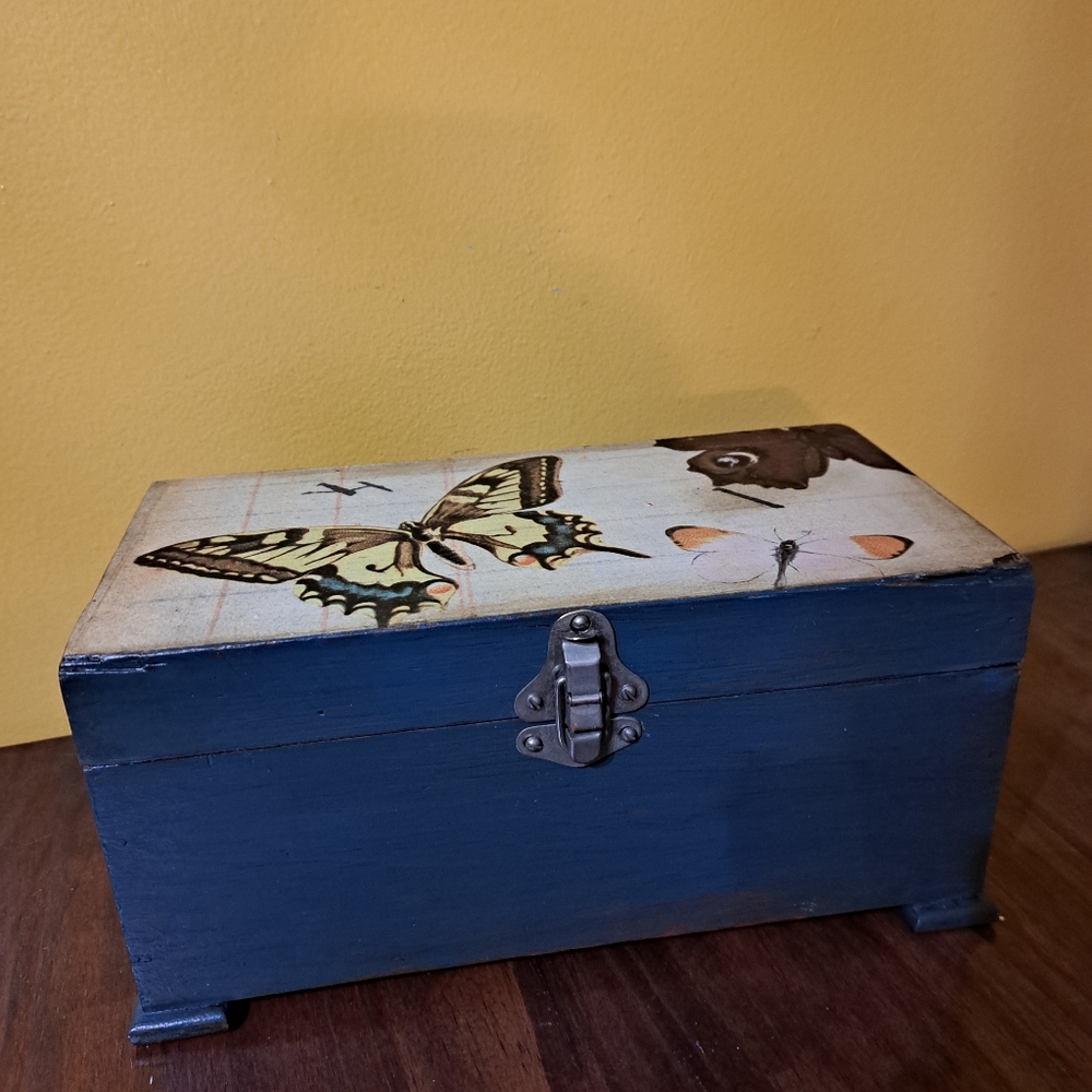 Blue Wooden Box with Butterfly Design